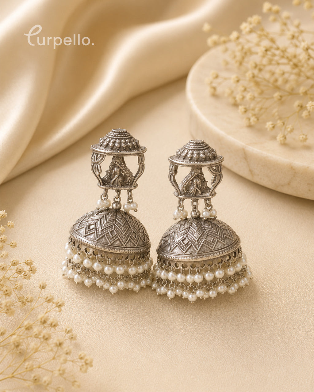 Oxidized Silver Temple Jhumka Earrings with Pearl Tassels