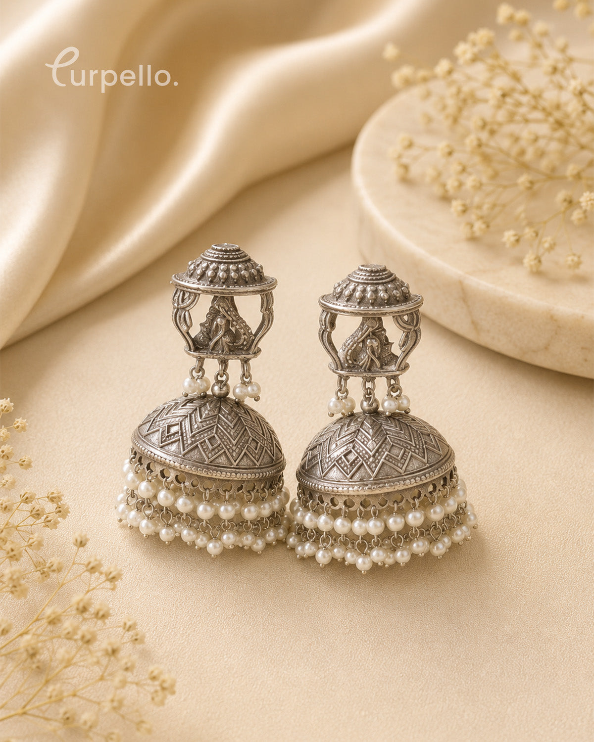 Oxidized Silver Temple Jhumka Earrings with Pearl Tassels