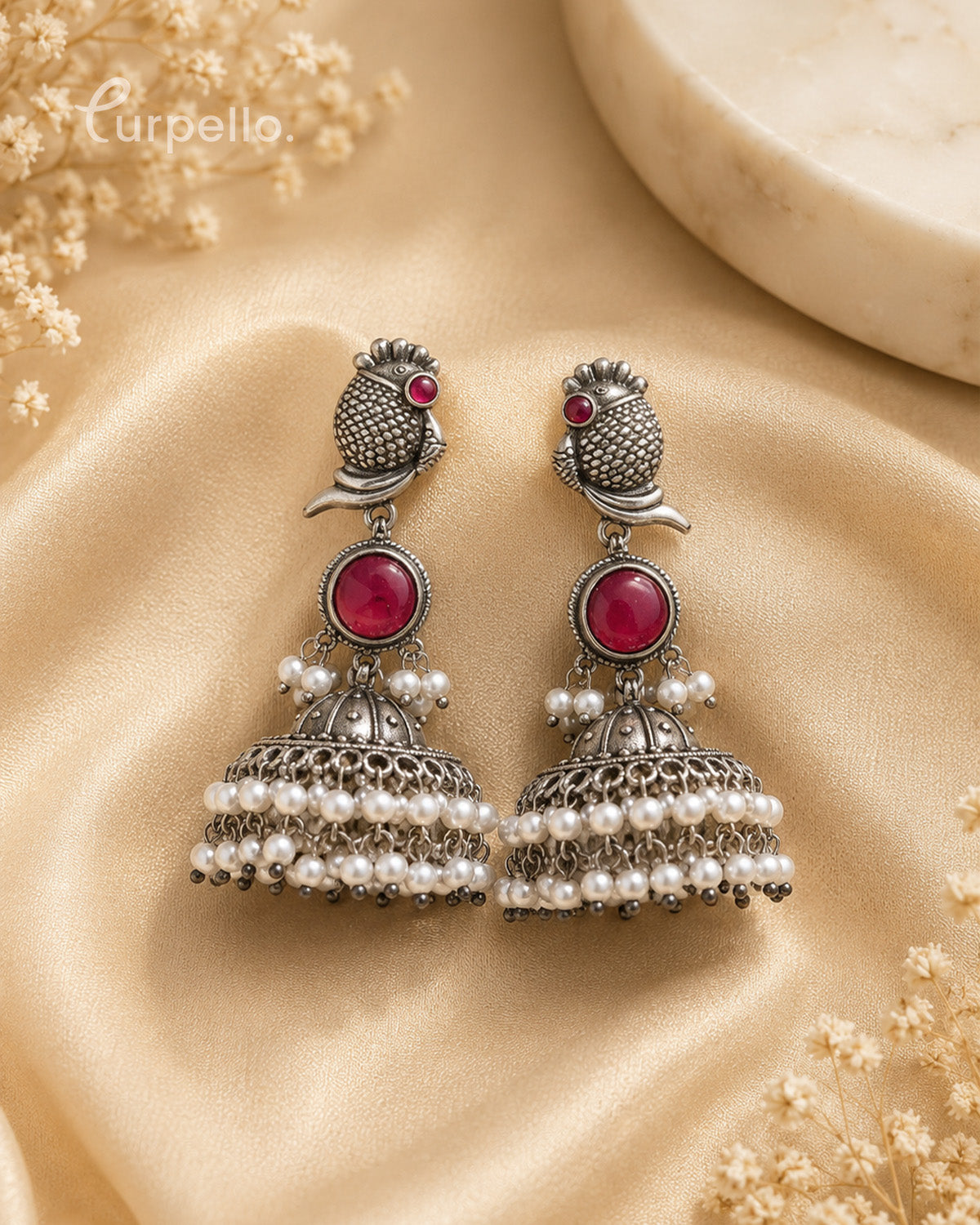 Oxidized Silver Peacock Jhumka Earrings with Ruby Stone