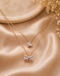 Rose Gold Double Layer Bow Pendant Necklace with Crystal Solitaire