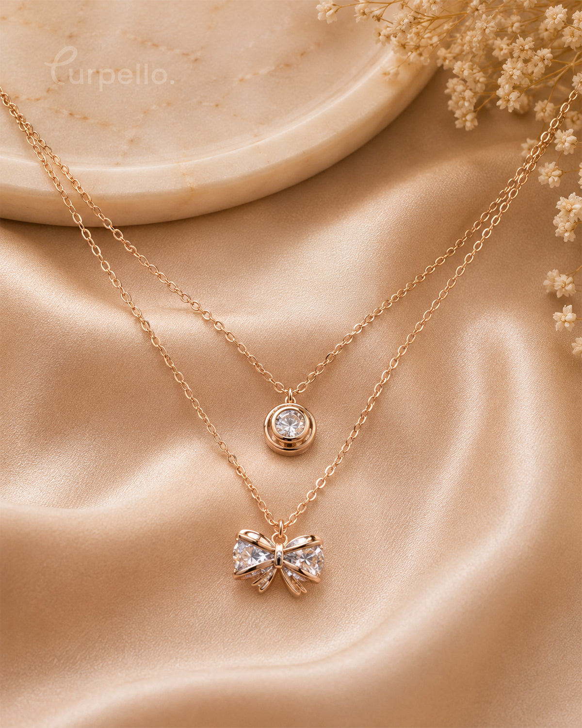 Rose Gold Double Layer Bow Pendant Necklace with Crystal Solitaire