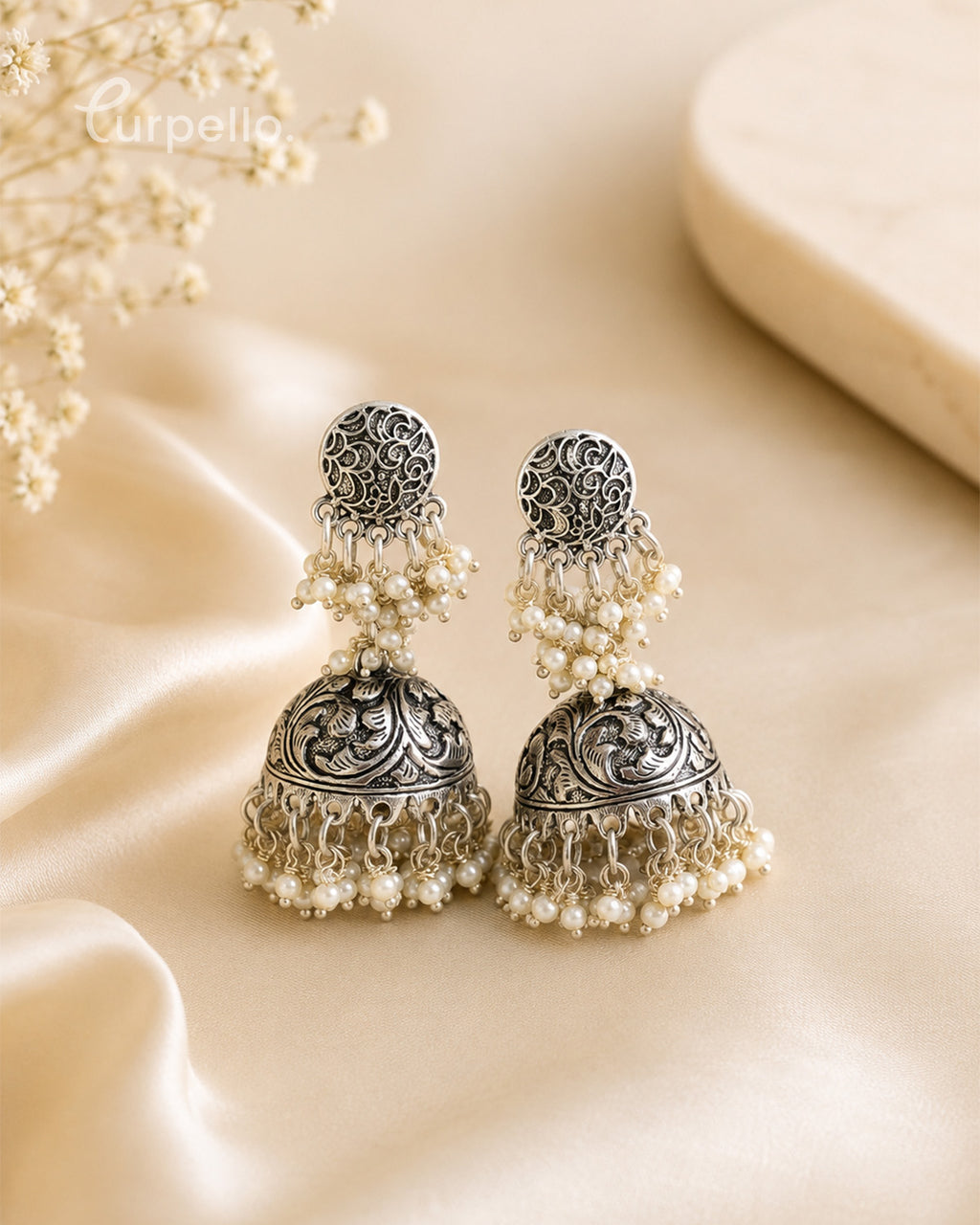 Oxidized Silver Pearl Jhumka Earrings