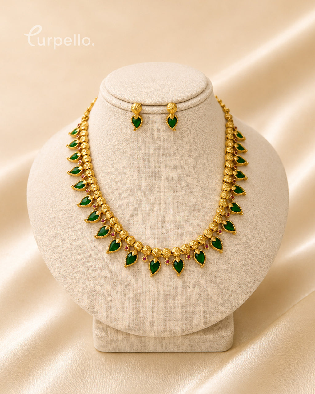 Purpello Emerald Green Palakka Temple Necklace Set