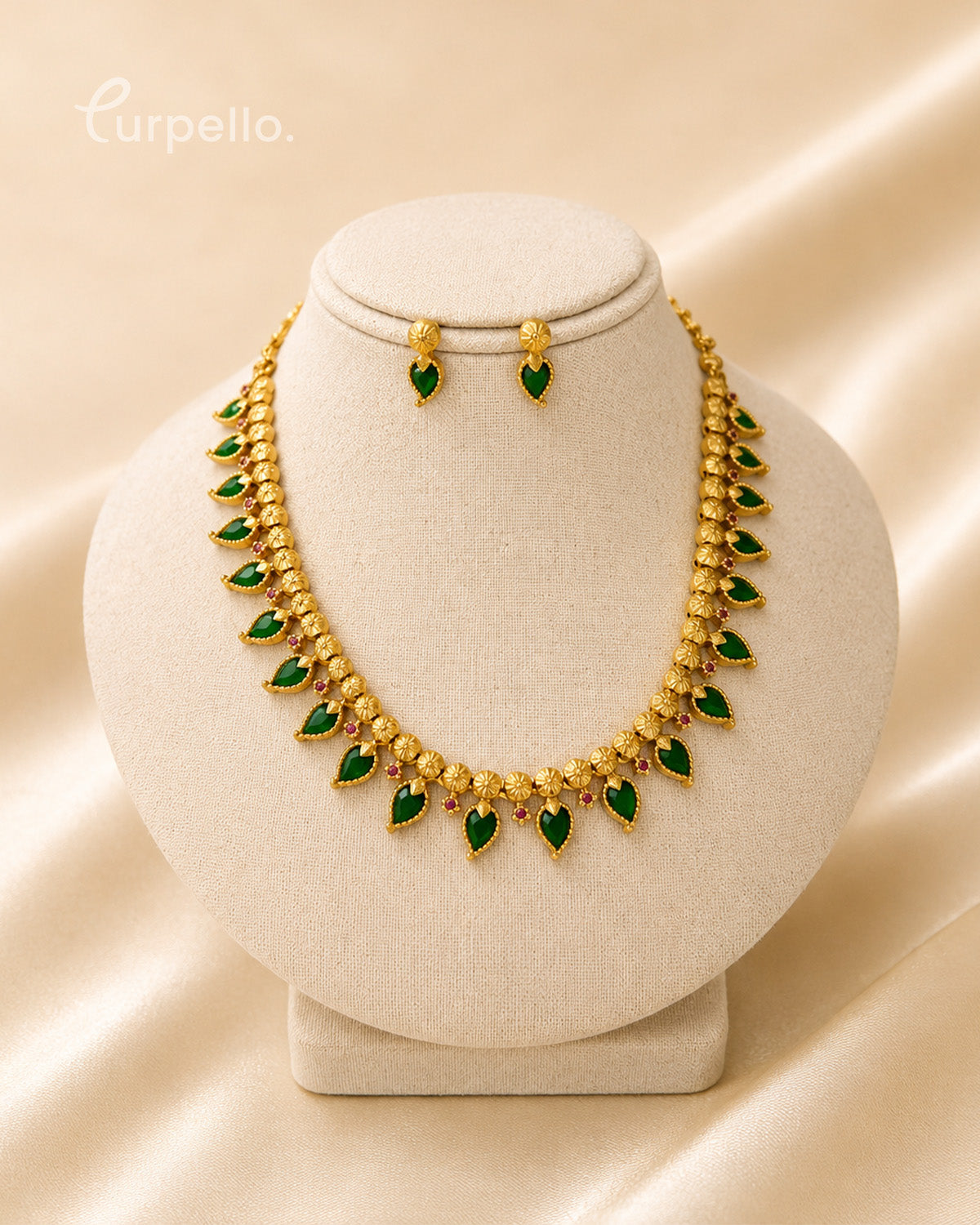 Purpello Emerald Green Palakka Temple Necklace Set