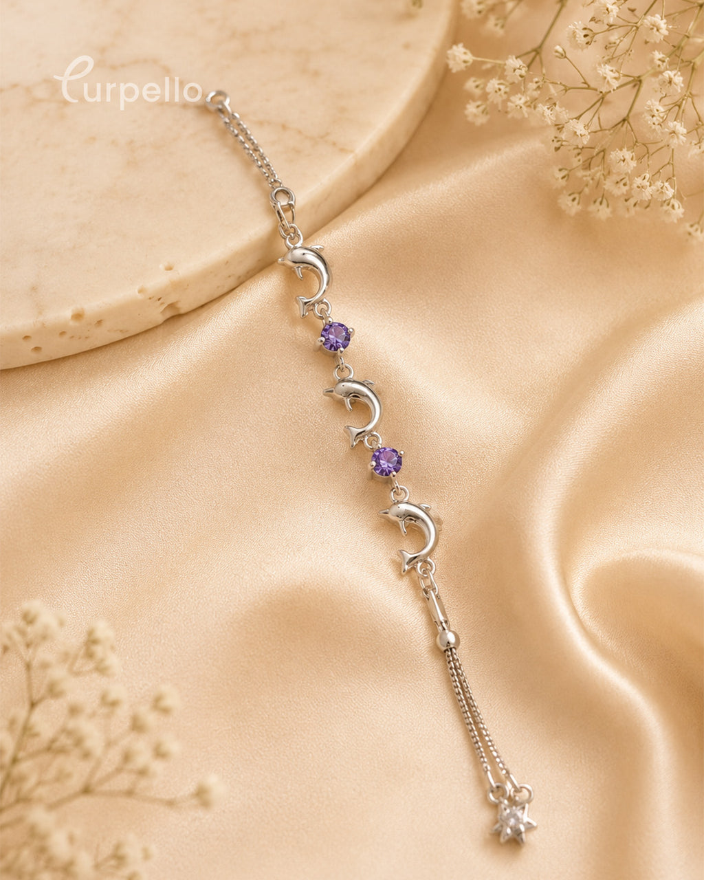 Silver Dolphin Charm Bracelet with Purple Crystal Accents