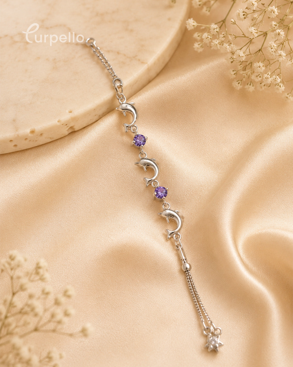 Silver Dolphin Charm Bracelet with Purple Crystal Accents