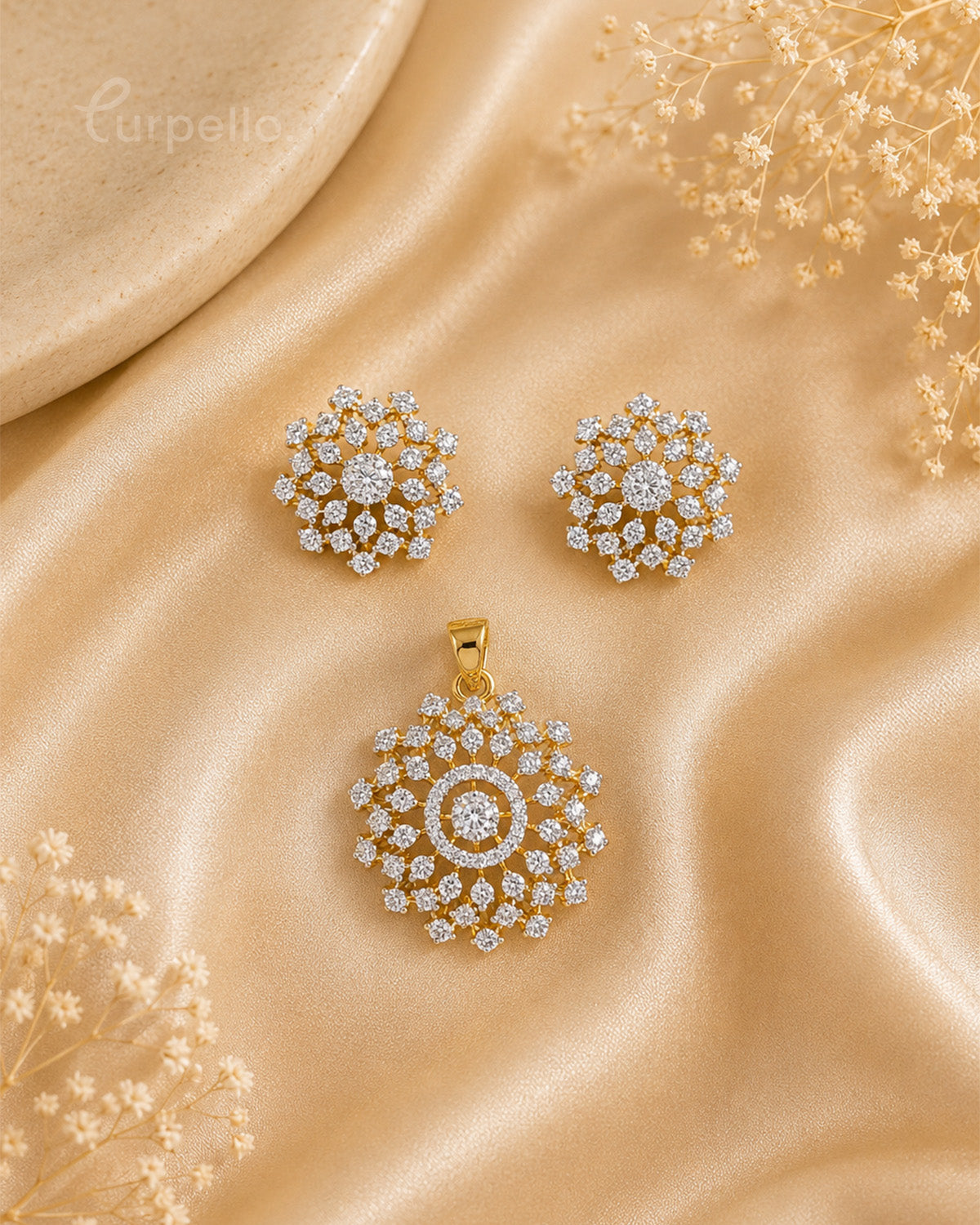 Purpello Diamond Replica Floral Pendant Set