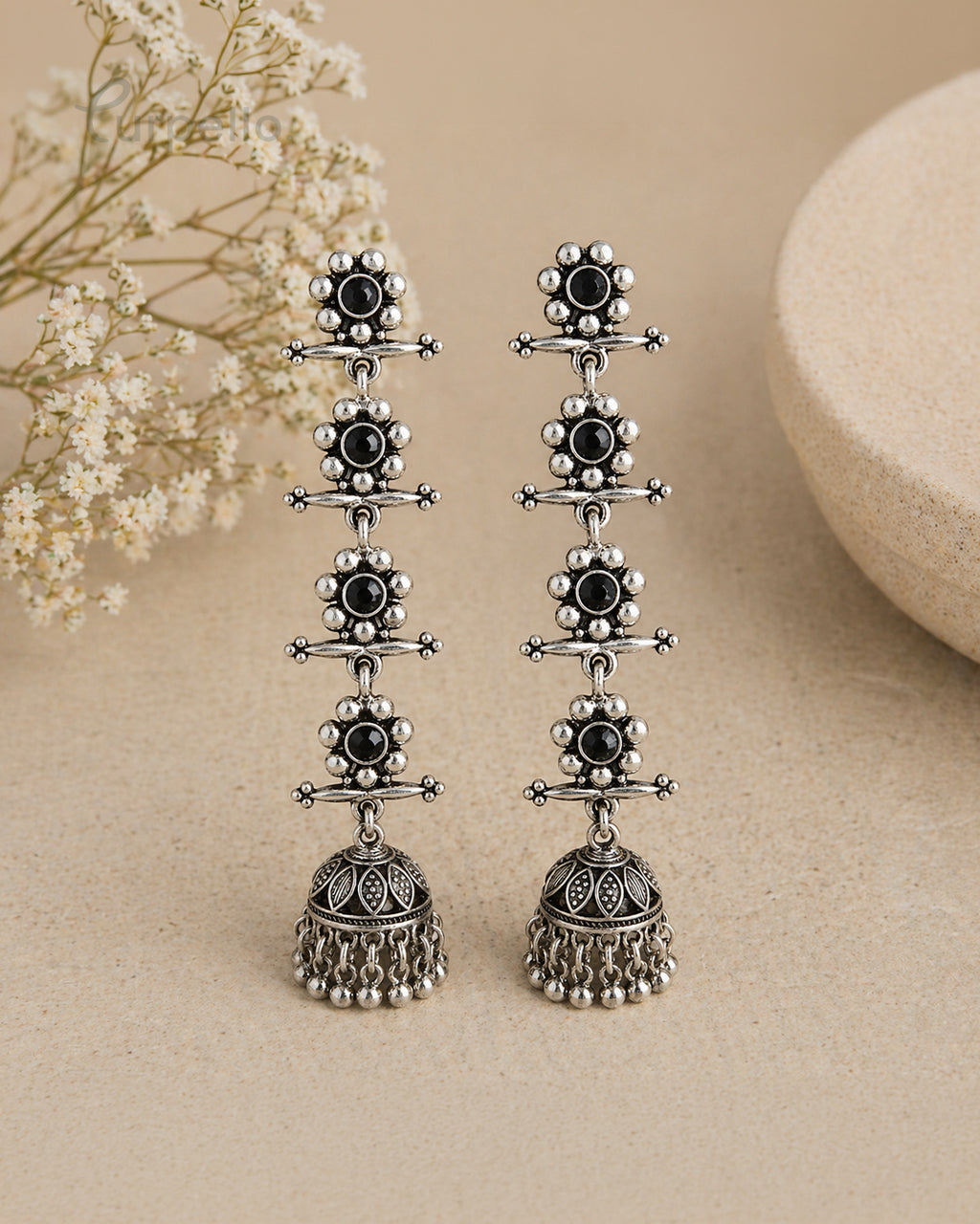 Purpello Floral Drop Oxidised Jhumka Earrings with Black Stone Accents