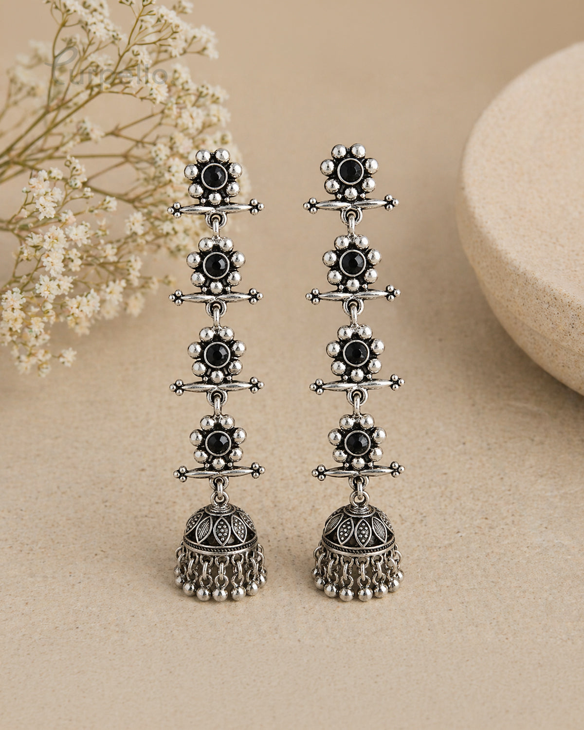 Purpello Floral Drop Oxidised Jhumka Earrings with Black Stone Accents