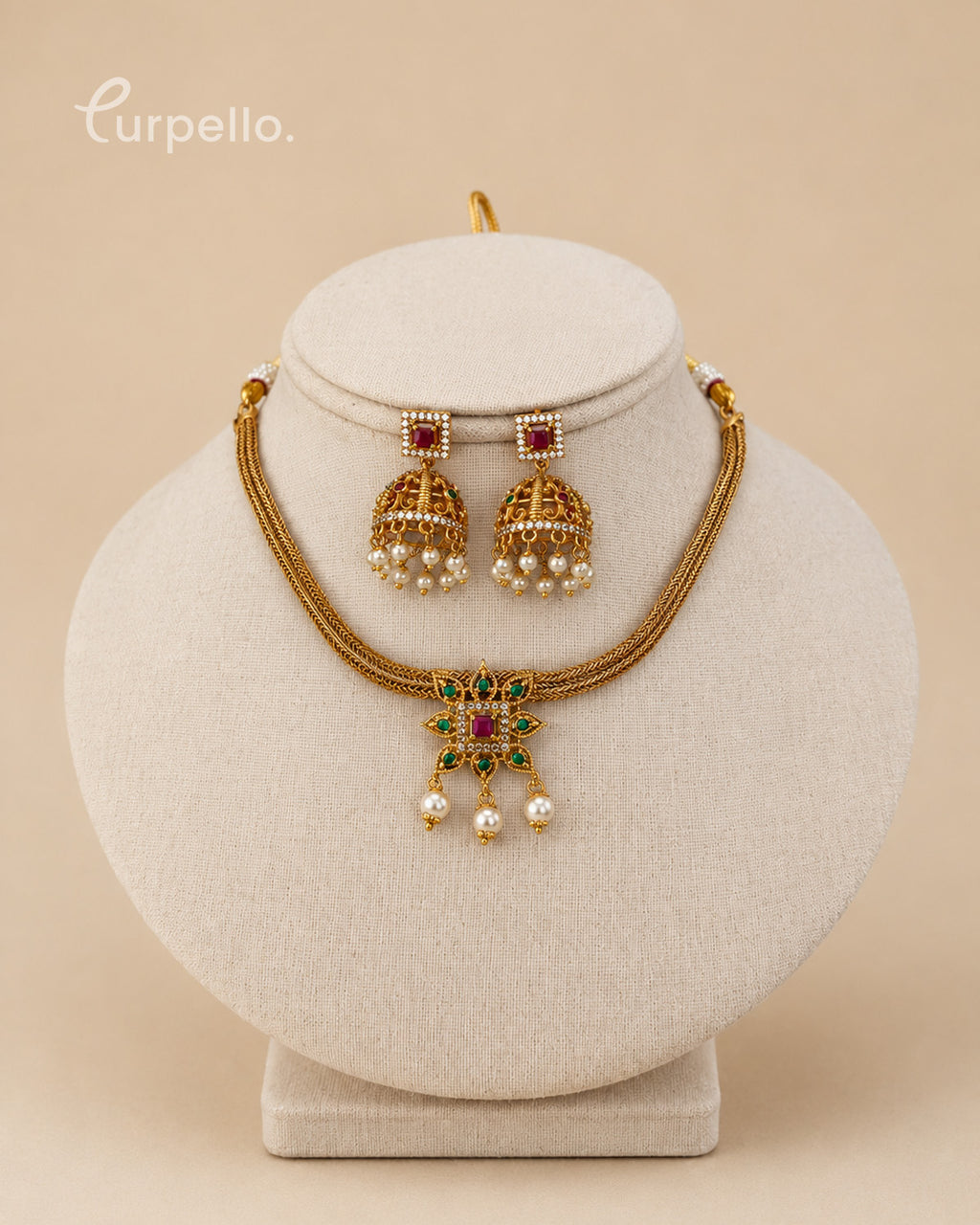Antique Multi-Strand Pendant Necklace Set with Pearl Jhumkas