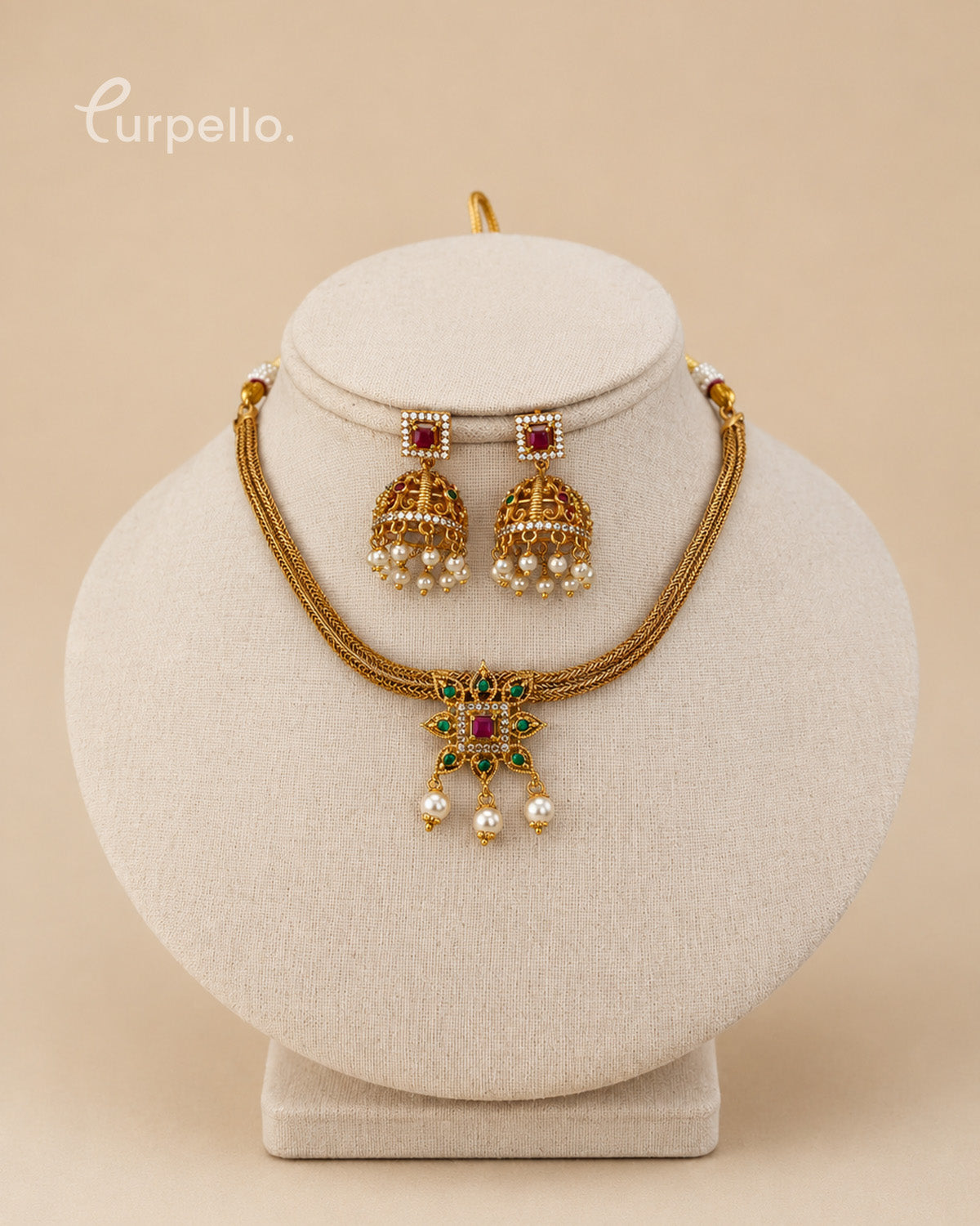 Antique Multi-Strand Pendant Necklace Set with Pearl Jhumkas