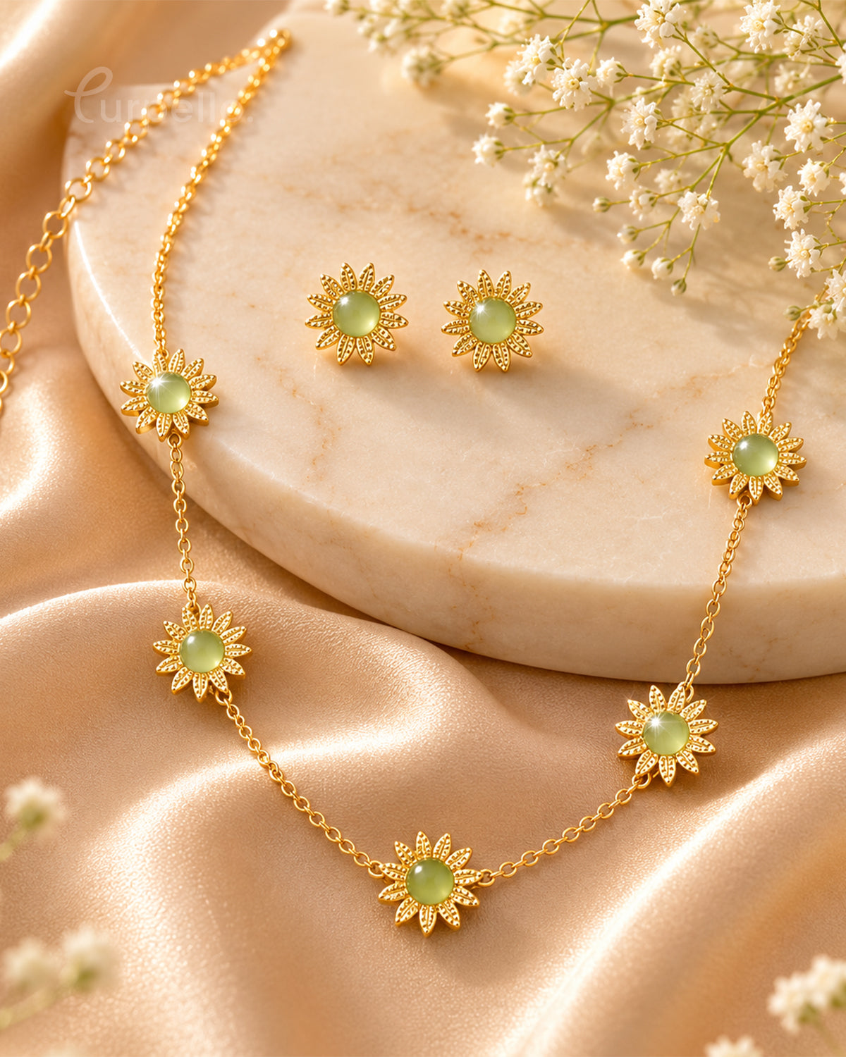 Purpello Sunflower Green Stone Necklace Set