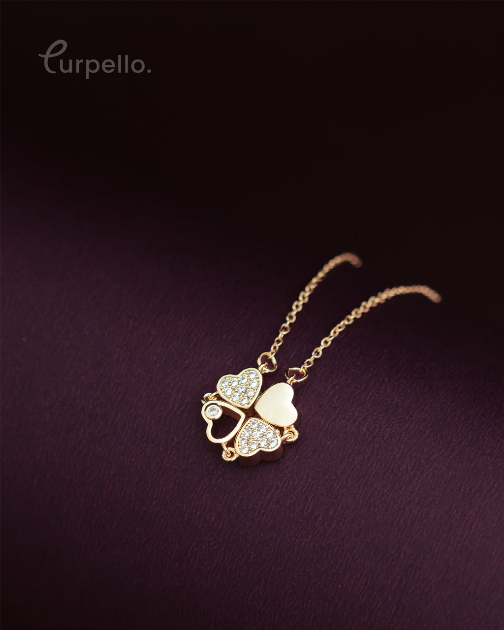 Purpello Gold Clover Heart Crystal Pendant Chain
