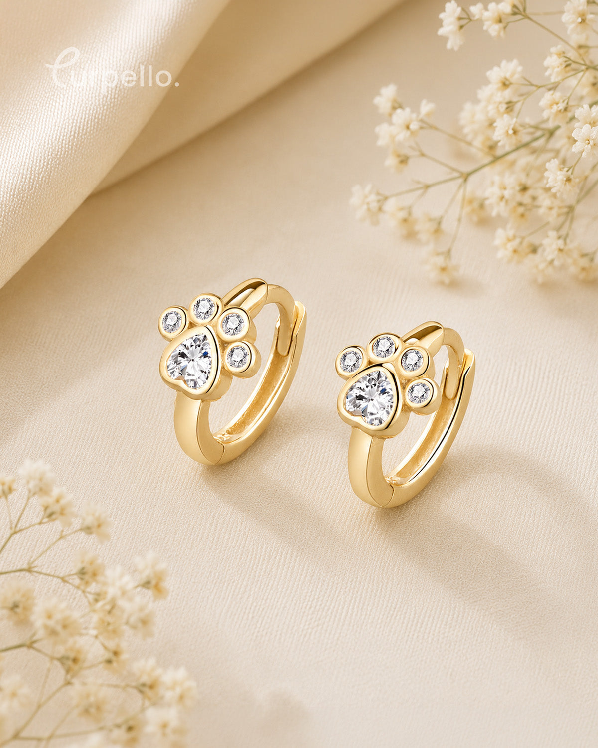 Purpello Crystal Paw Print Gold Huggie Earrings