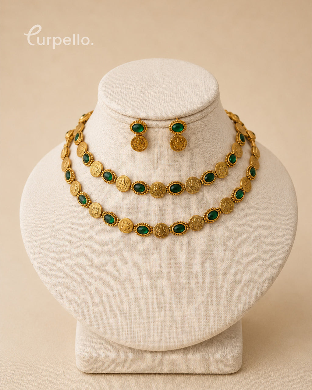 Antique Double Layer Coin Necklace Set with Green Stones