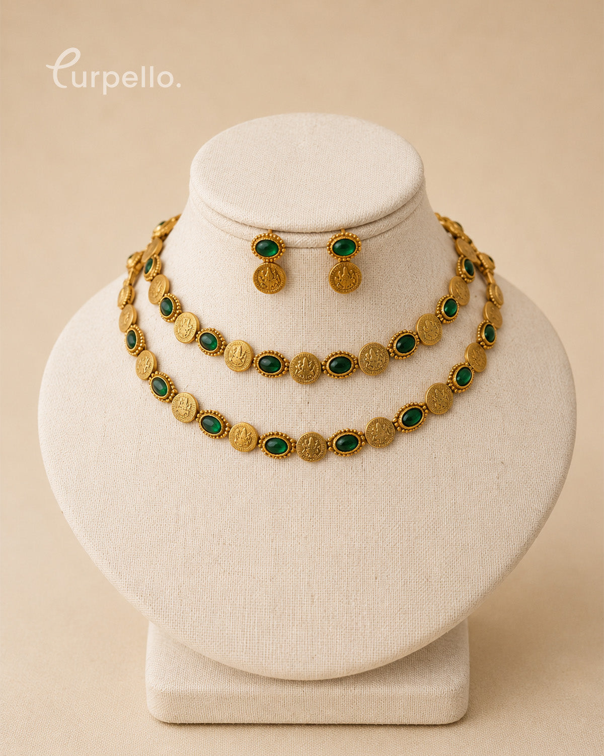 Antique Double Layer Coin Necklace Set with Green Stones