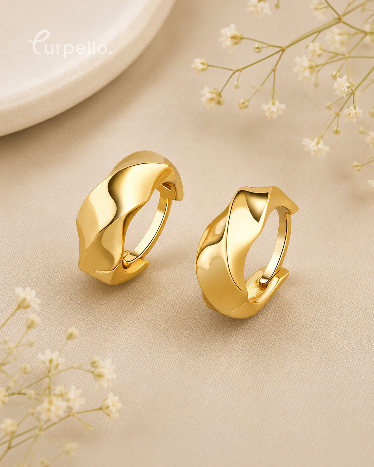 Purpello Sculpted Gold Wave Huggie Hoop Earrings