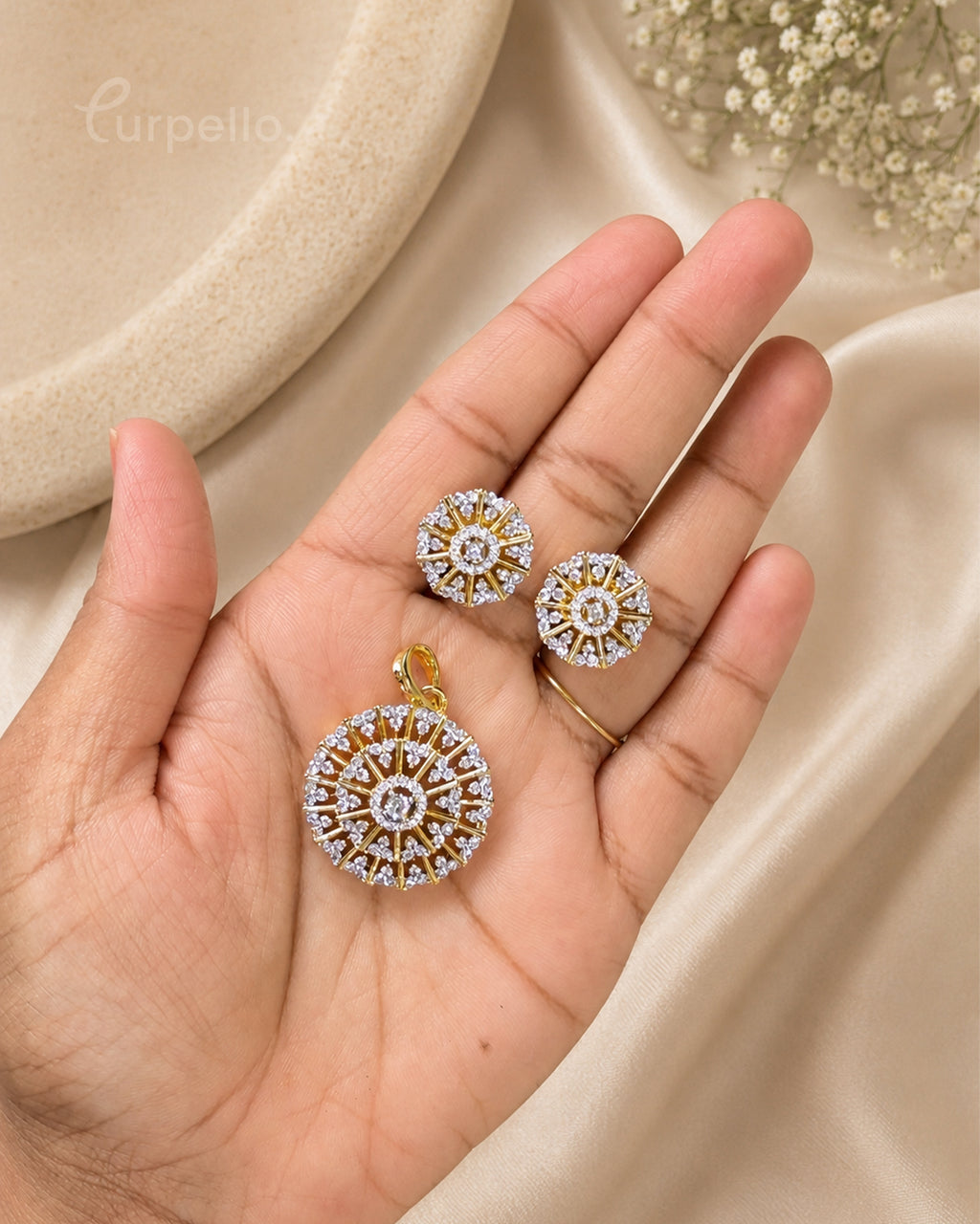 Purpello Radiant Sunburst Diamond Replica Pendant Set