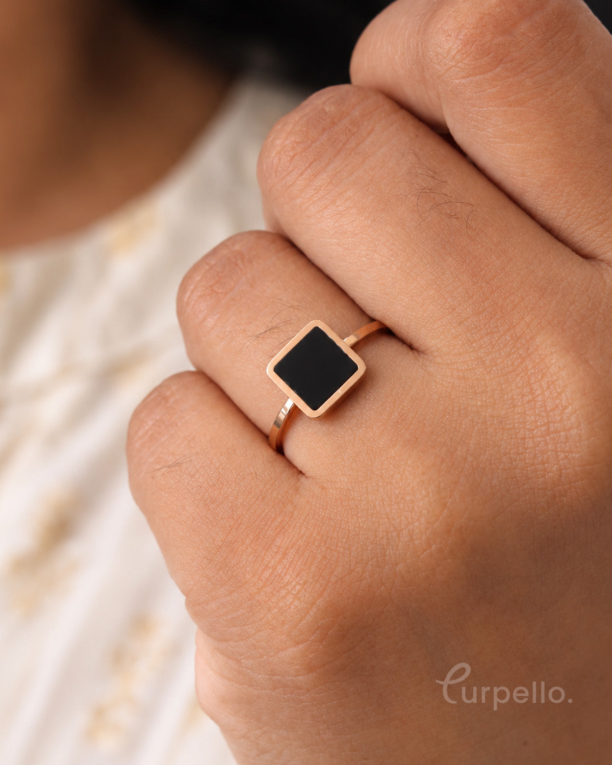 Purpello Minimal Square Black Stone Ring