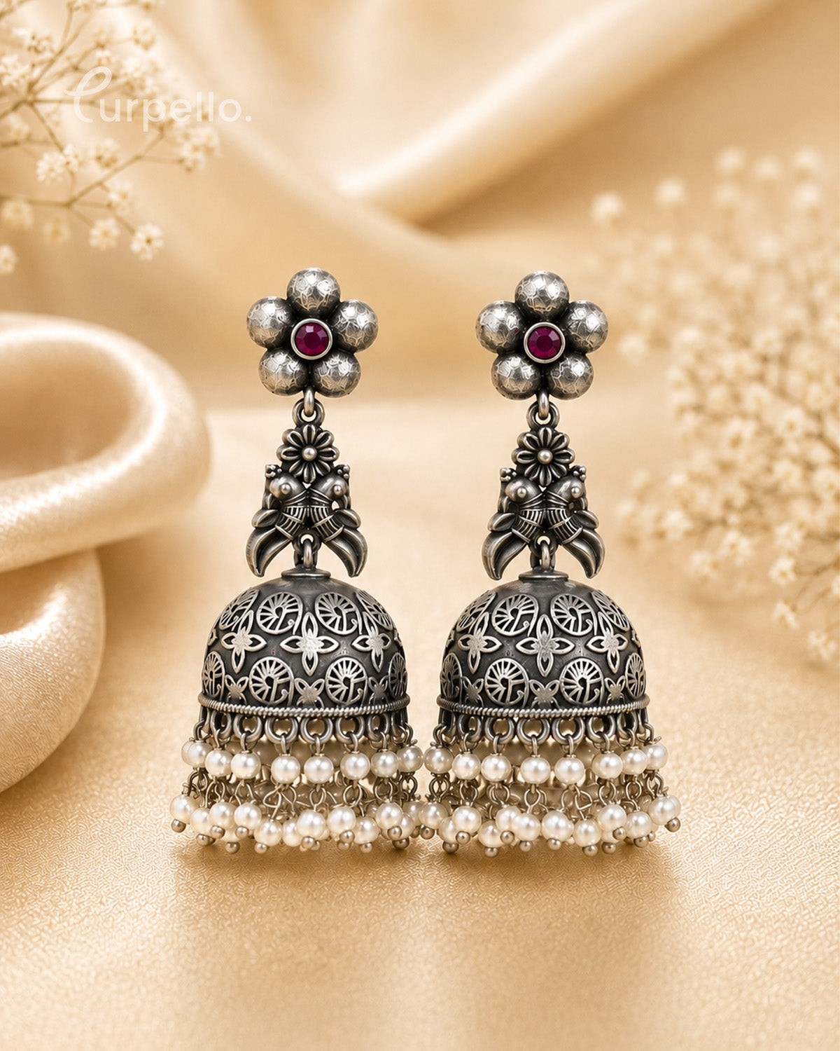 Oxidized Silver Floral Jhumka Earrings with Pearl Drops