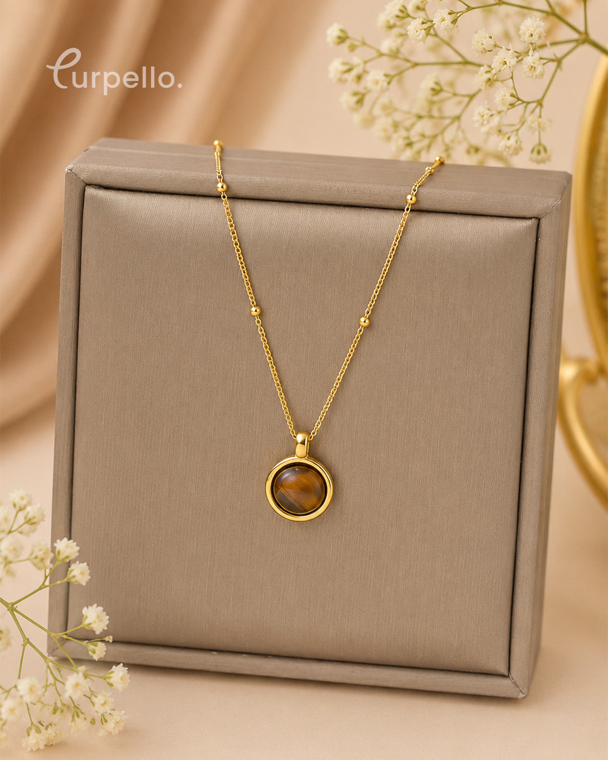 Purpello Tiger Eye Stone Gold Pendant Necklace