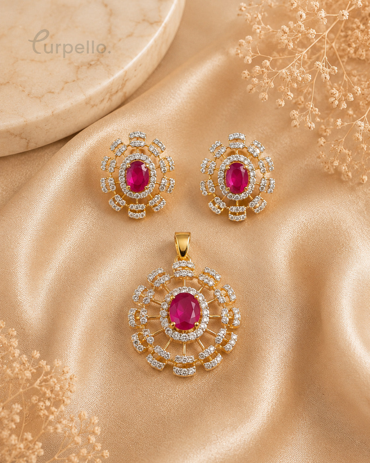 Purpello Ruby Red Diamond Replica Pendant Set