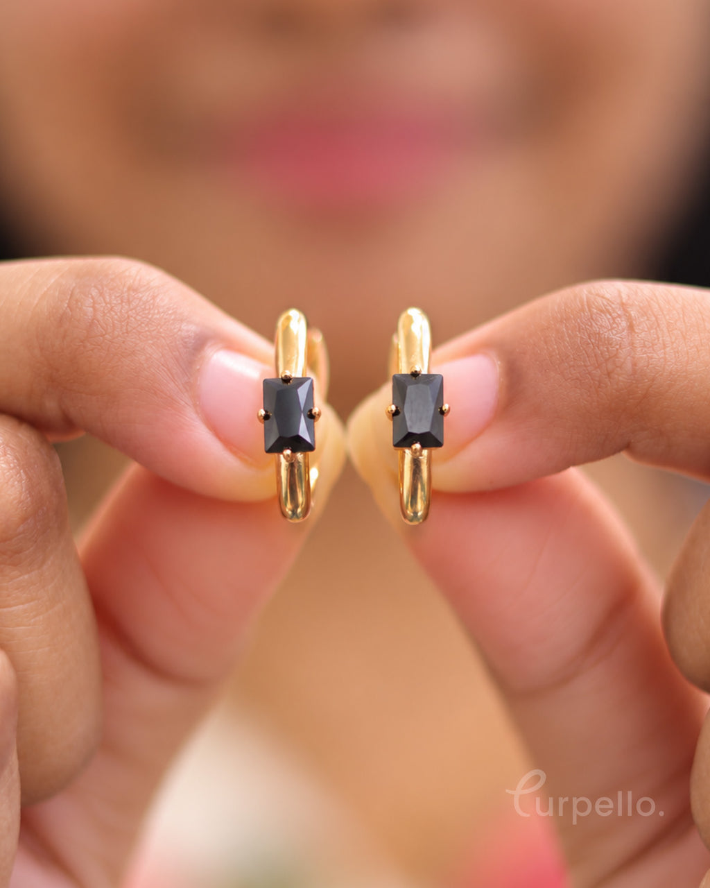 Nyra –Xuping Black Stone Gold Hoop Earrings