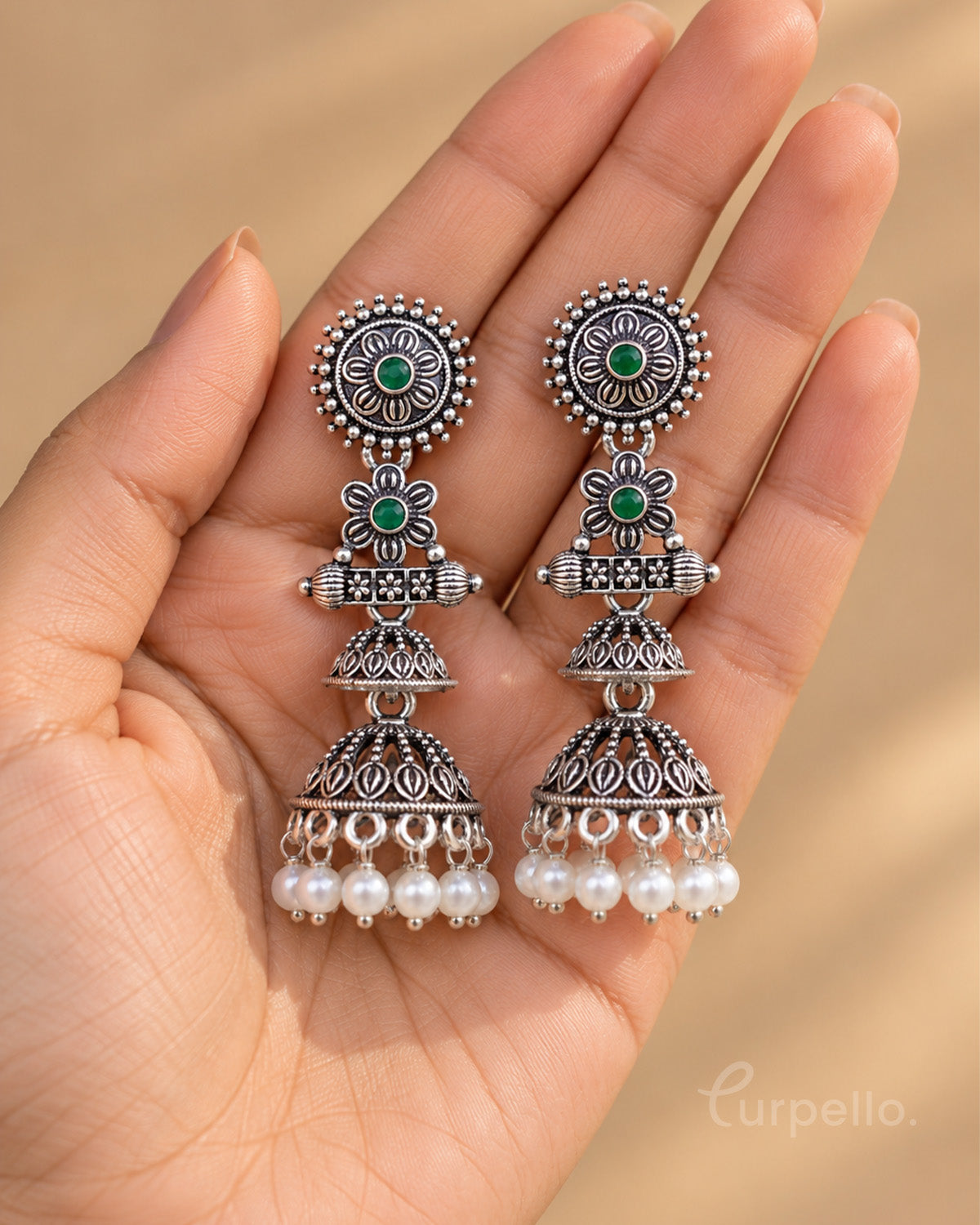 Oxidised Silver Double Jhumka Earrings