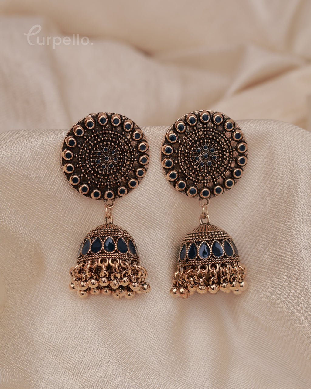 Purpello Antique Gold Jhumka Earrings with Blue Stone