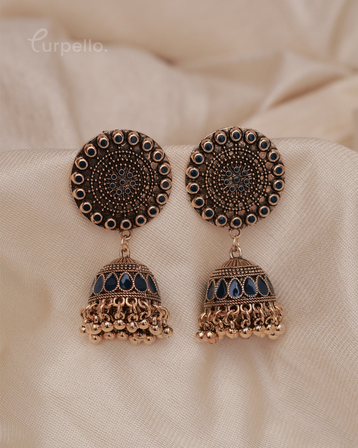 Purpello Antique Gold Jhumka Earrings with Blue Stone