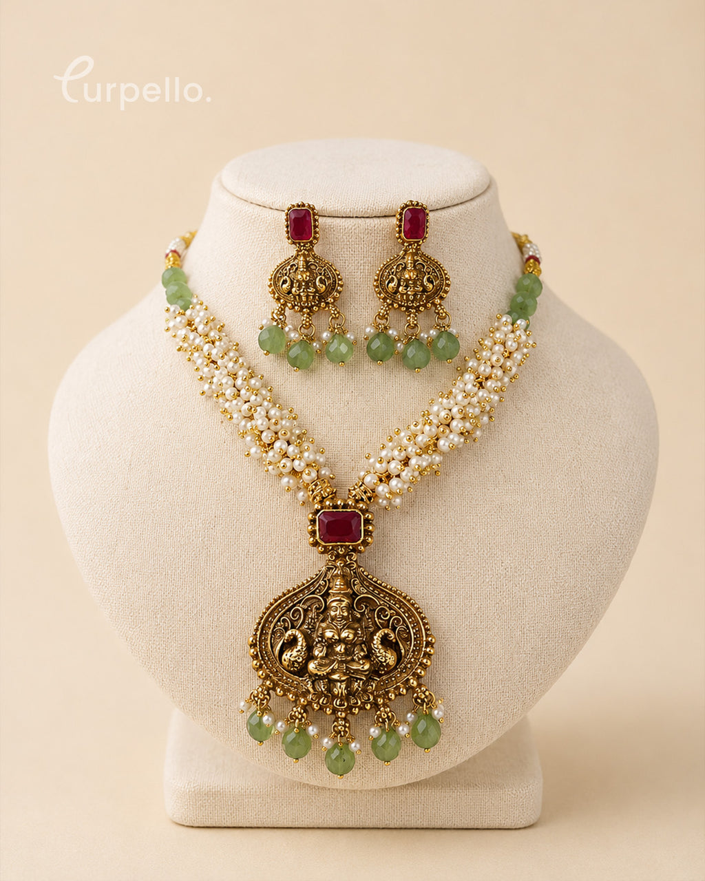 Traditional Temple Pearl Necklace Set with Lakshmi Pendant