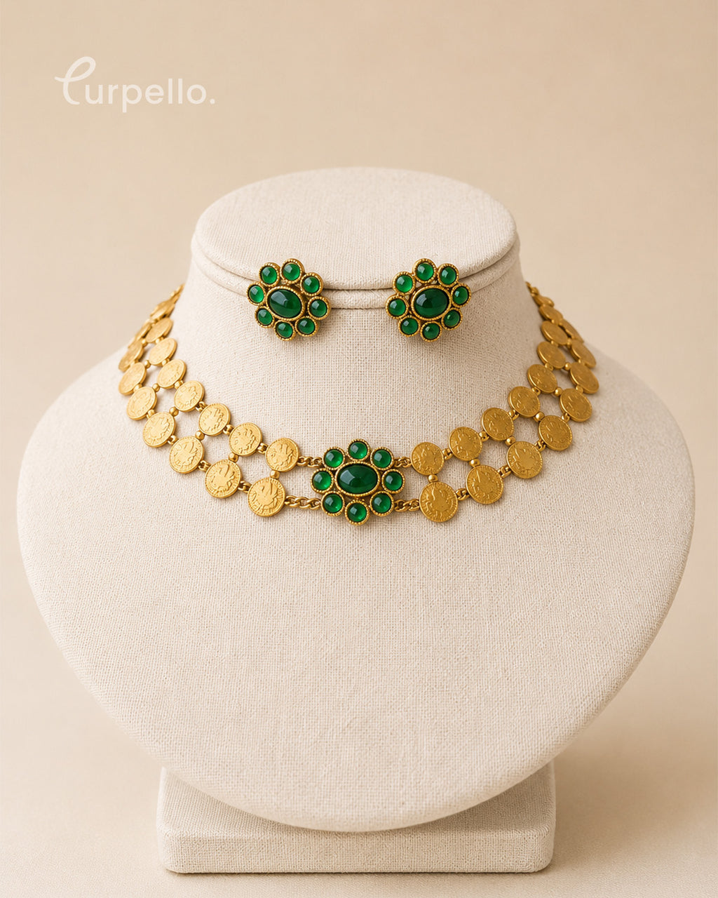 Purpello Antique Green Stone Coin Choker Set