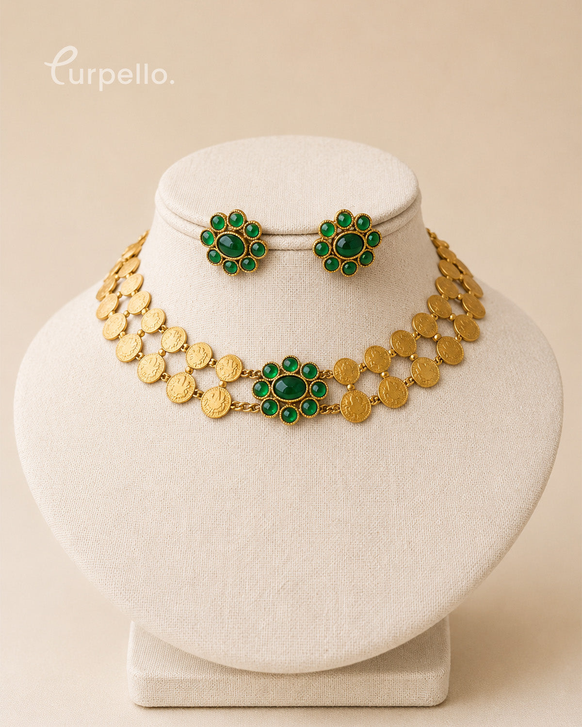Purpello Antique Green Stone Coin Choker Set