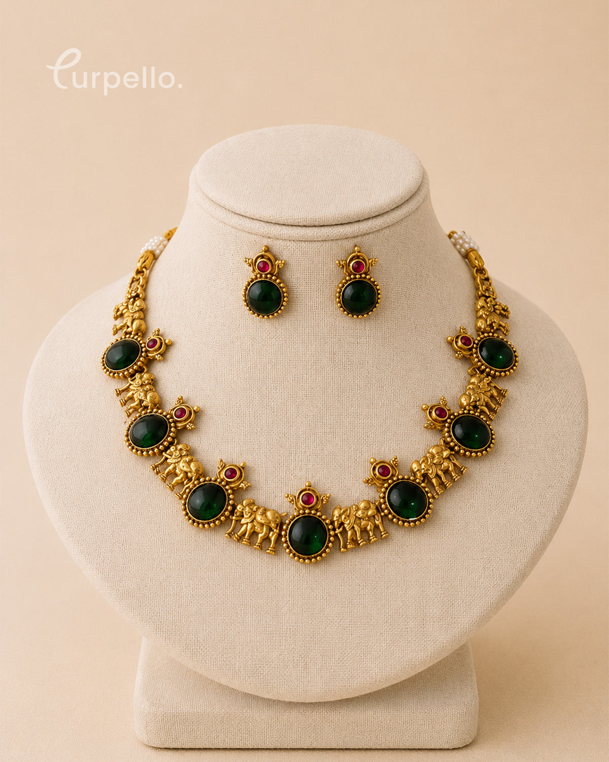 Emerald Temple Heritage Necklace & Jhumka Earring Set