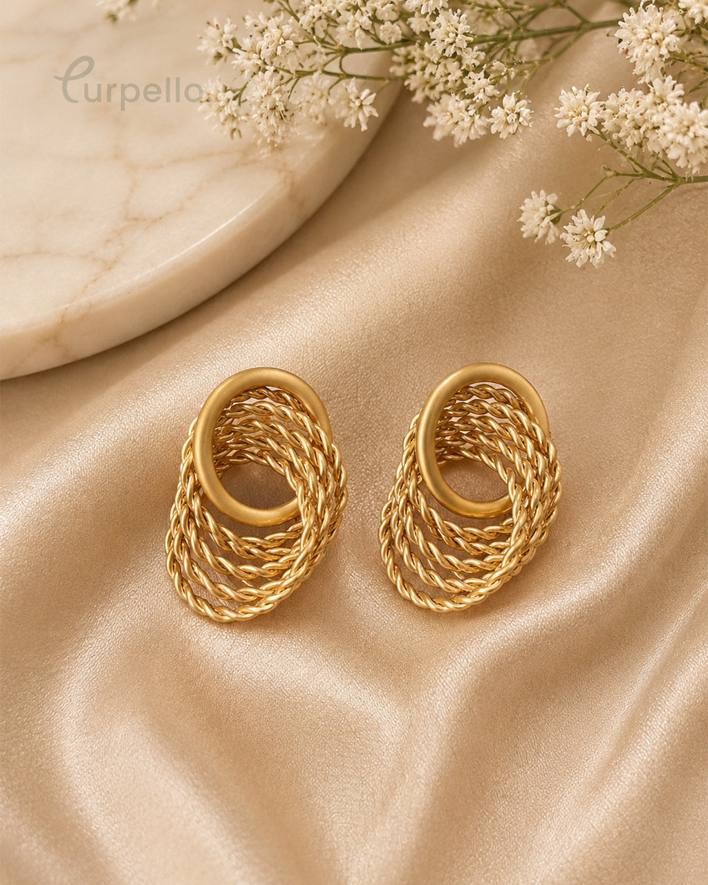 Purpello Vintage Braided Oval Gold Statement Stud Earrings