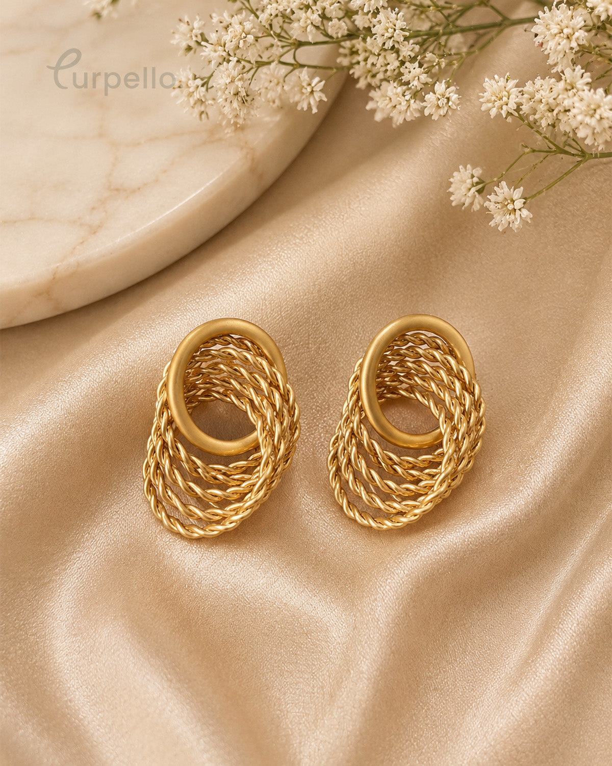 Purpello Vintage Braided Oval Gold Statement Stud Earrings