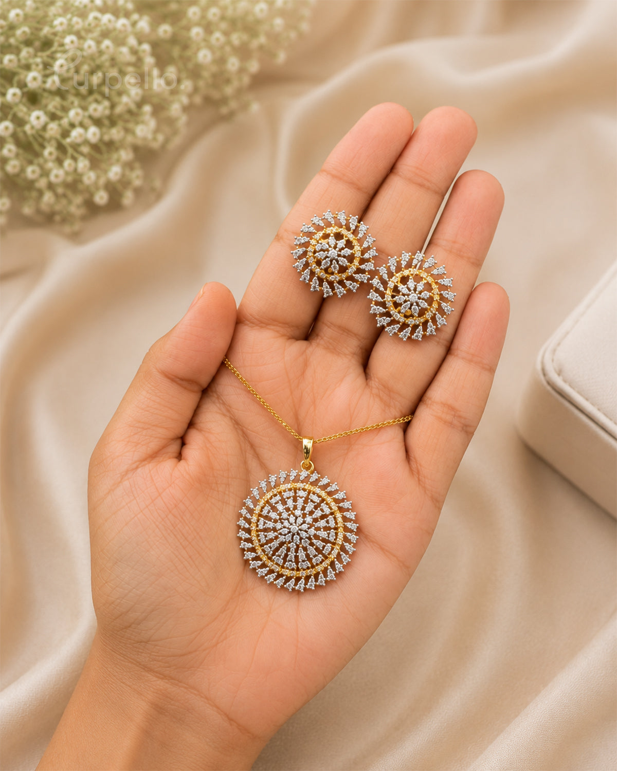 Purpello Celestial Sunburst Diamond Replica Pendant Set