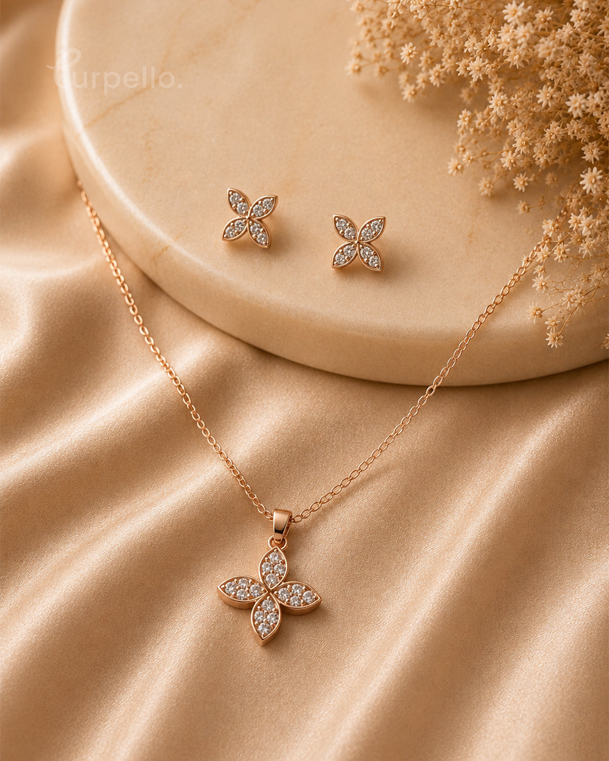 Purpello Floral Diamond Replica Pendant Set |