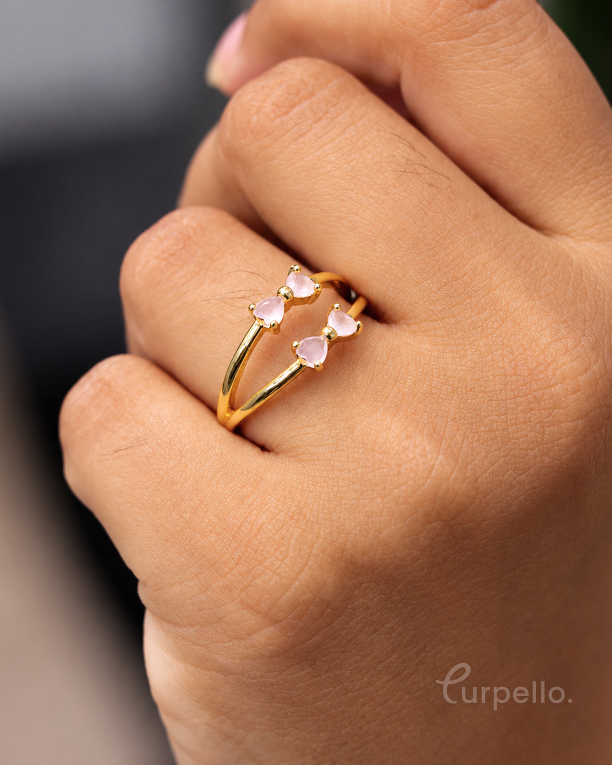 Peach Glow Double Heart Gold Ring