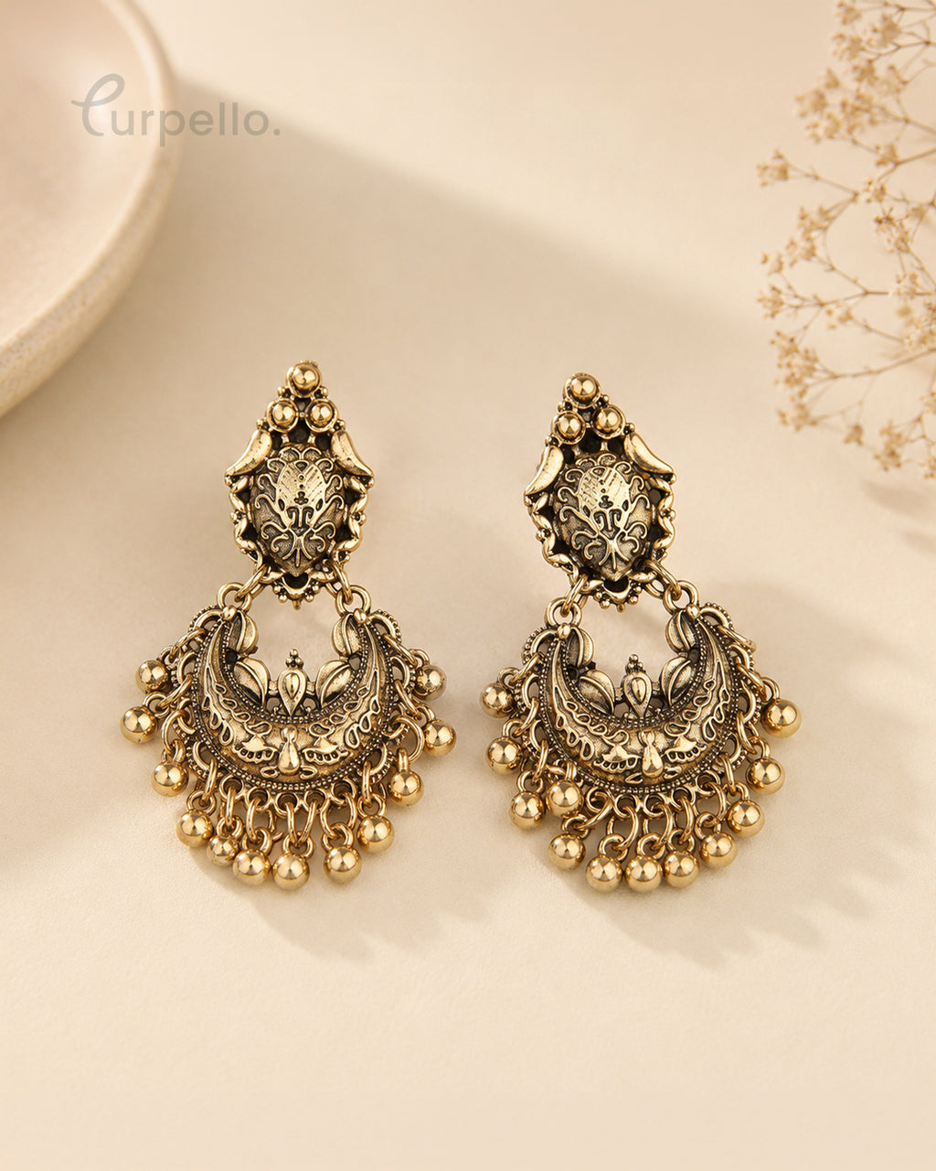 Purpello Hanging Beads Antique Chandbali Earring