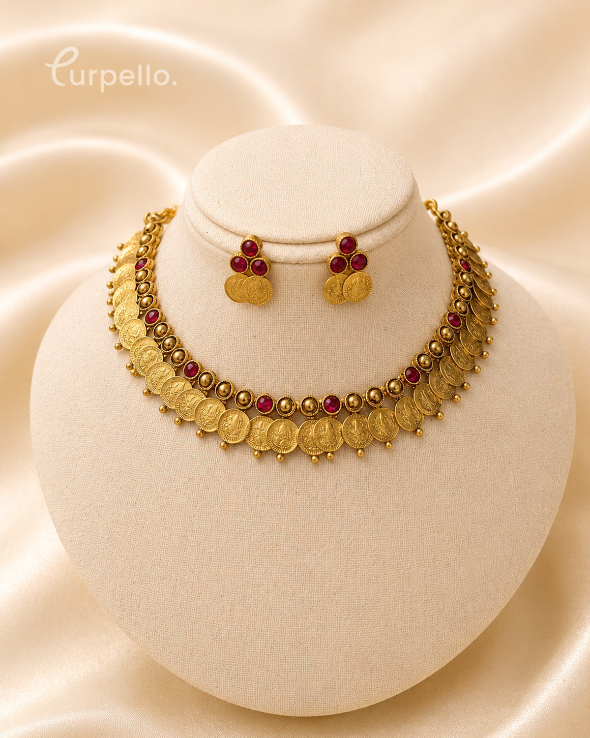 Antique Coin Temple Choker Set with Ruby Stones