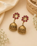 Purpello Antique Gold Jhumka Earrings with Ruby Pink Stud Design