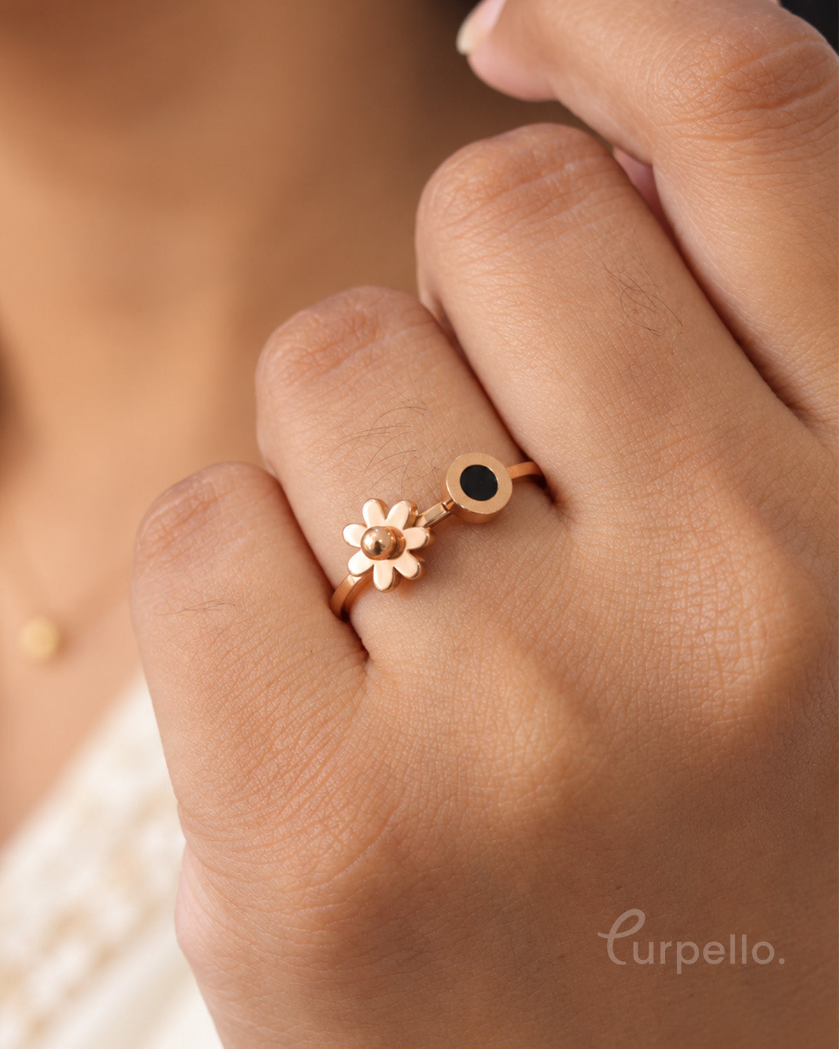 Rose Gold Ring with Black Stone & Floral Detail