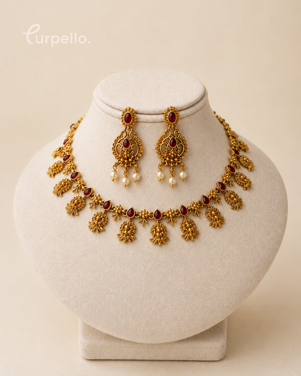 Antique Floral Ruby Necklace Set with Pearl Drops