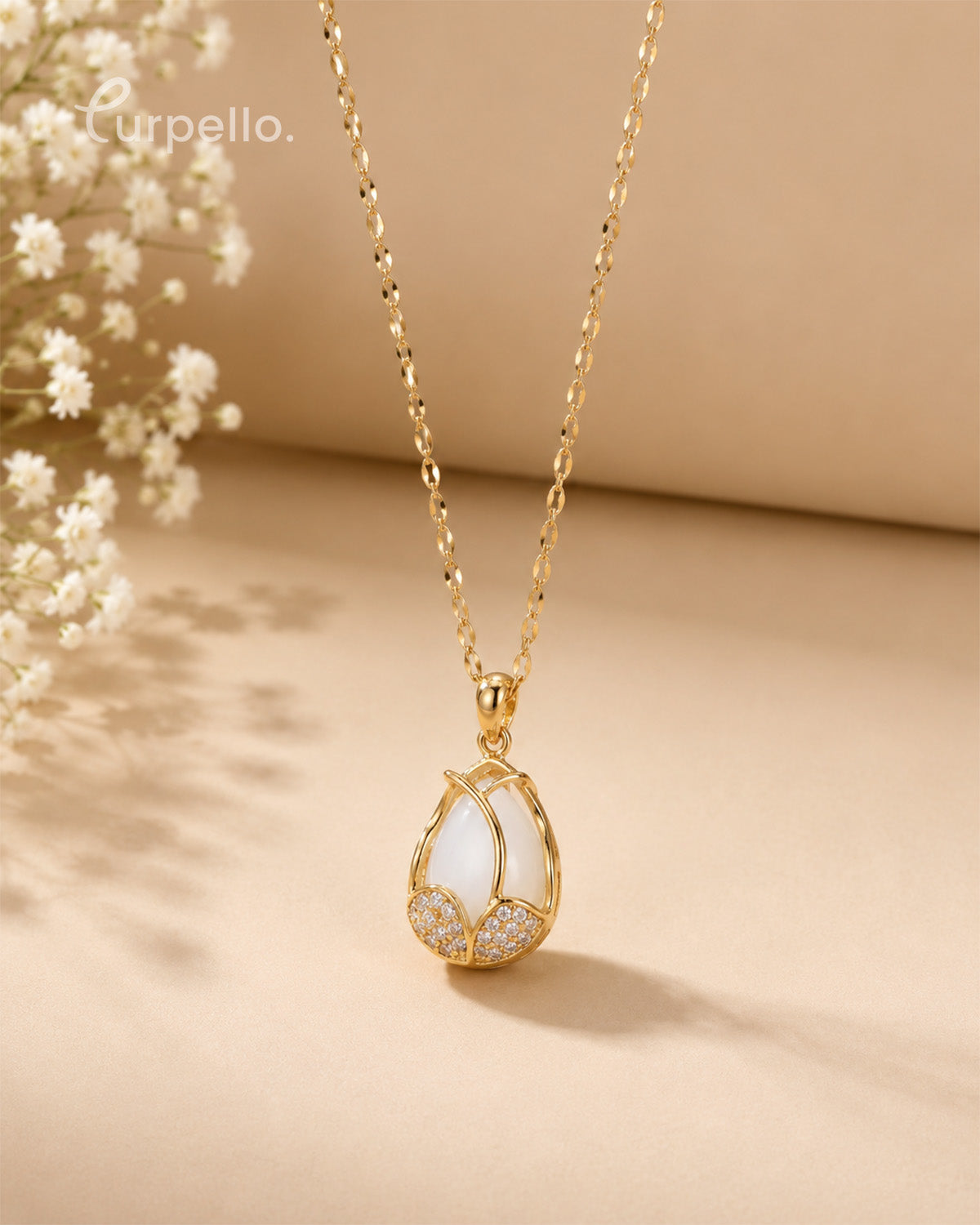 Purpello Elegant White Stone Gold-Tone Pendant Necklace