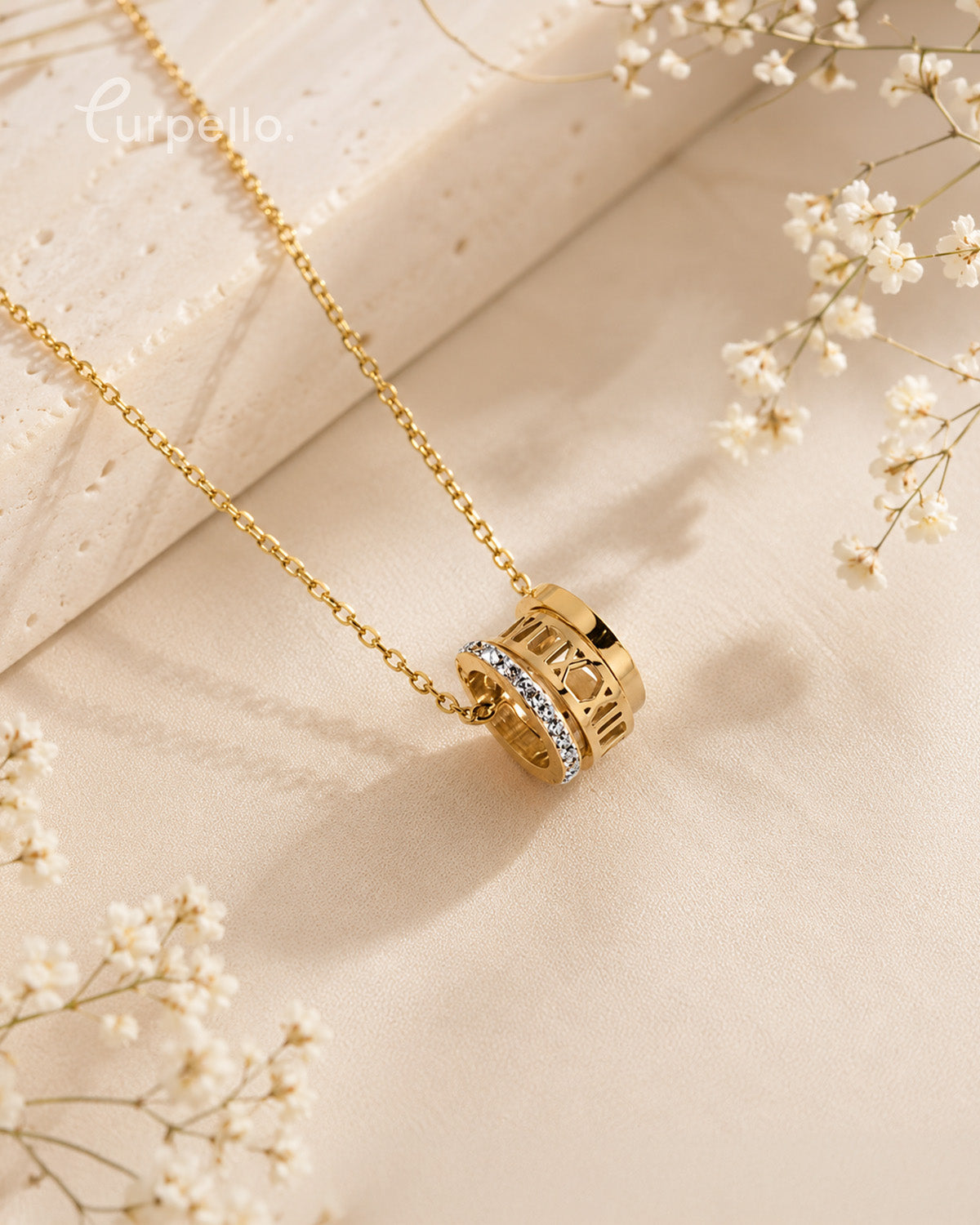 Roman Luxe Anti-Tarnish Gold Barrel Pendant Necklace