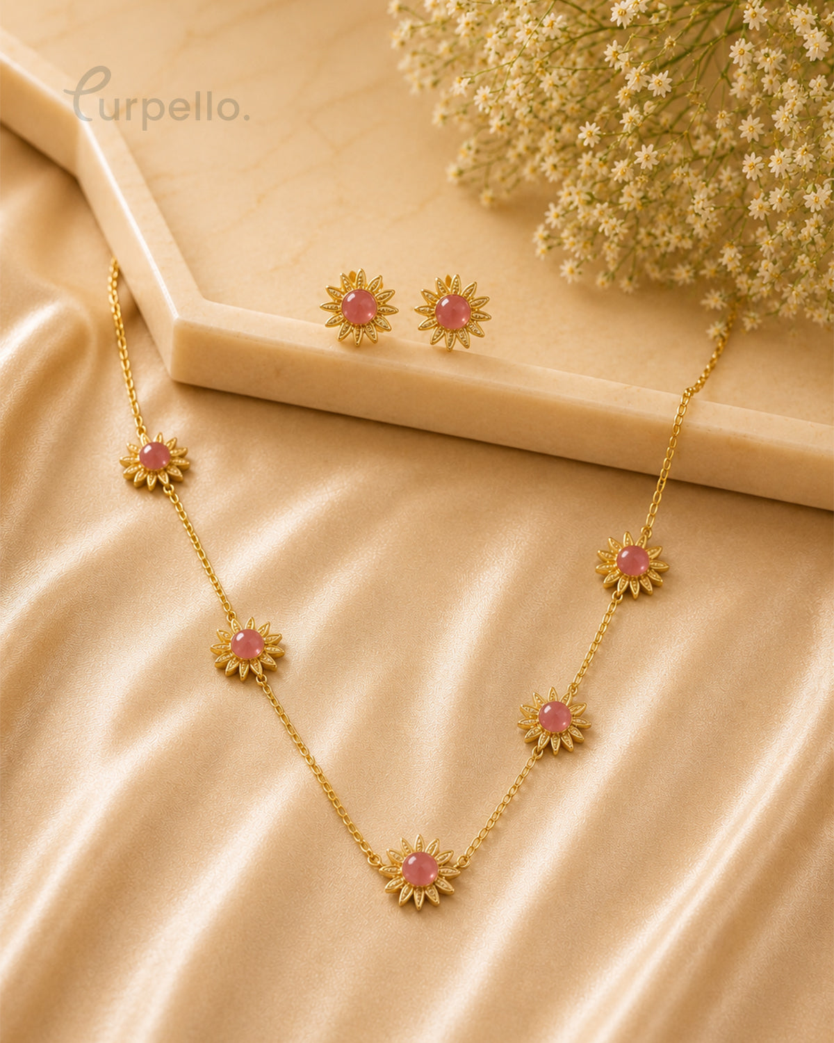 Purpello Pink Blossom Floral Chain & Stud Earrings Set