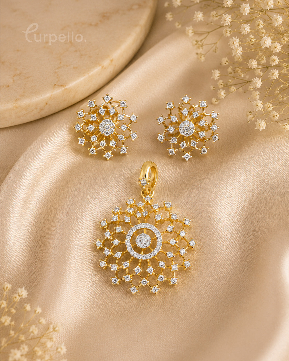 Purpello Diamond Replica Floral Pendant Set