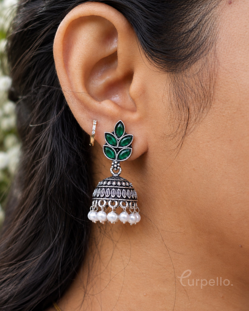Leaf Oxidised Silver Jhumka Earrings