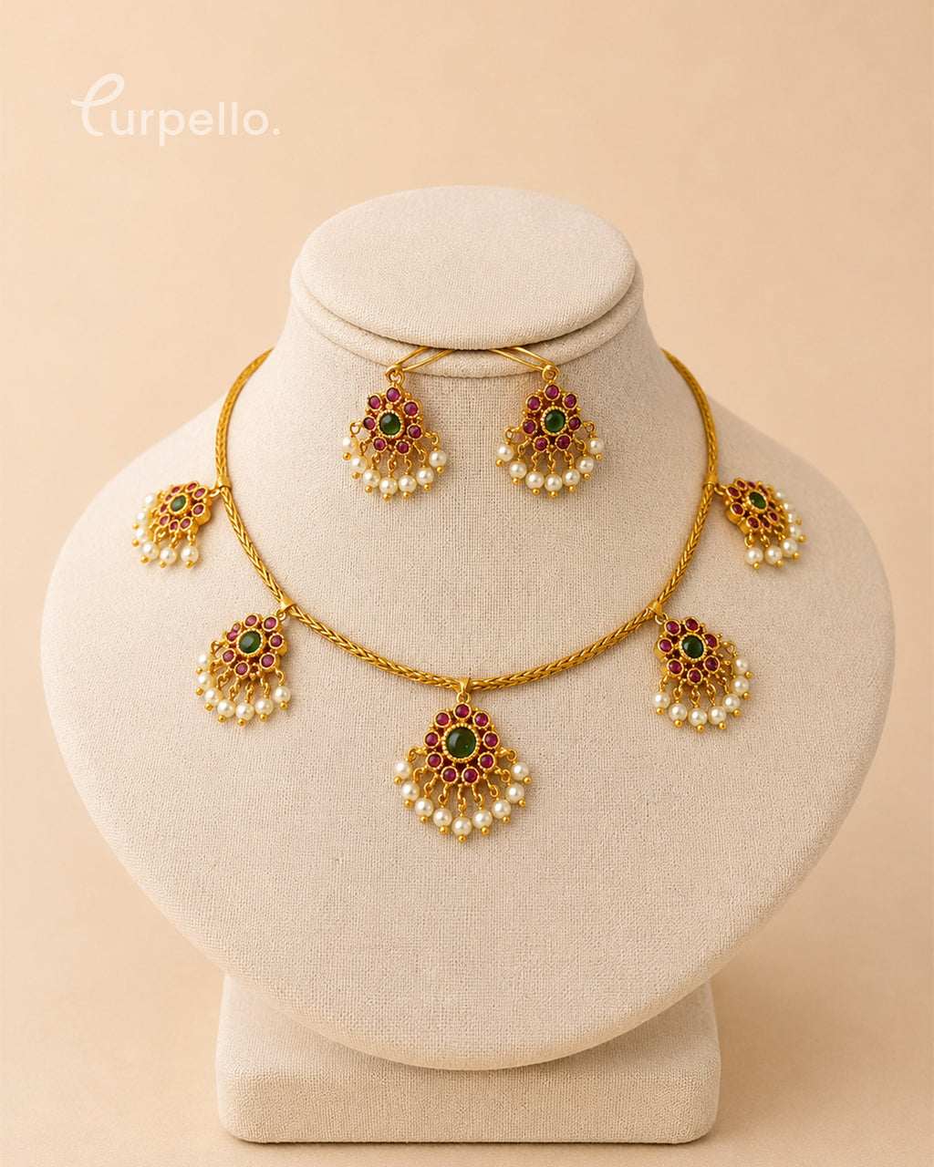 Antique Navaratna-Inspired Pearl Drop Necklace Set